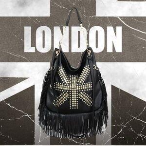 🆕 Gothic Punk Union Jack Studded Fringe Hobo - Shoulder - Crossbody Bag